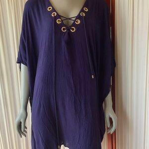 La Blanca Capri Lace Up Caftan Swim Cover Up Rayon Navy Blue Size 3X